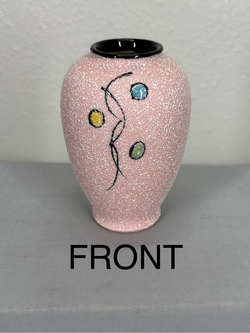 Japan Pink Speckled Abstract Art Bud Vase w/ Black Rim, Printed Backstamp